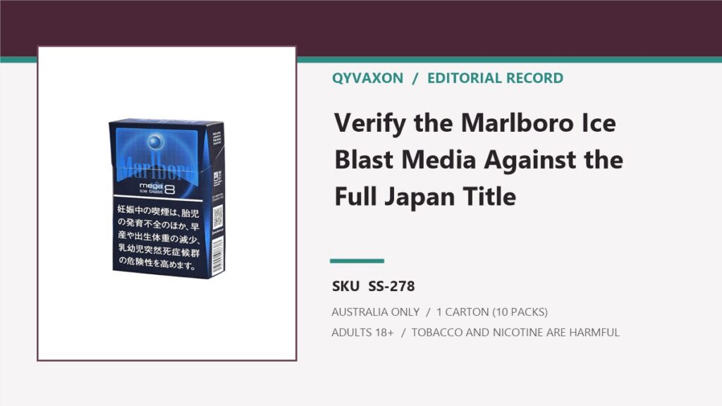 Qyvaxon editorial record for Marlboro Ice Blast Mega 8mg (Japan) Cigarettes - 1 Carton (10 Packs) and SKU SS-278